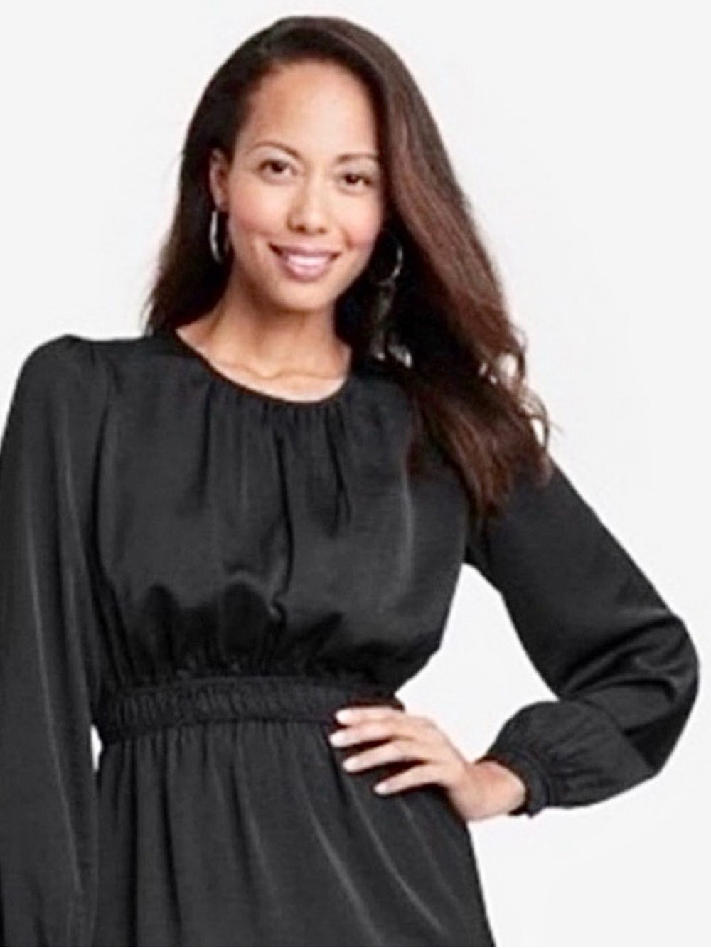 Knox Rose Black Long-Sleeve Smocked Waist Ruffle Hem Dress Sz L - Picture 2 of 7